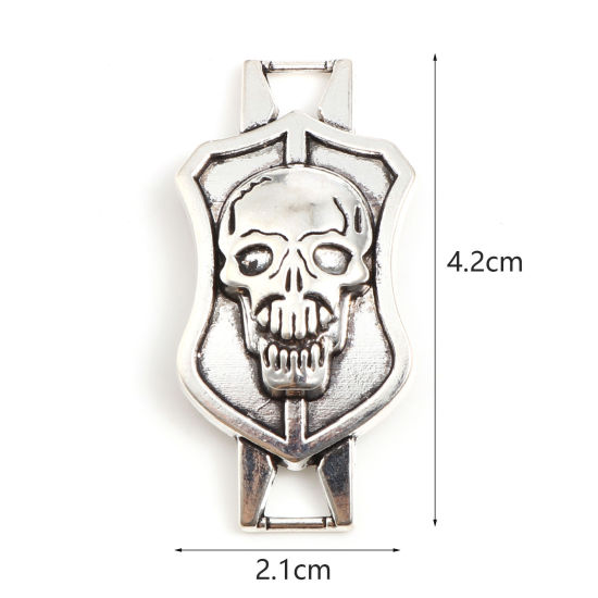 Picture of Zinc Based Alloy Halloween Connectors Shield Antique Silver Color Skull 42mm x 21mm, 20 PCs