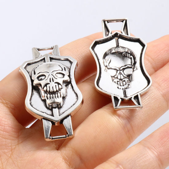 Picture of Zinc Based Alloy Halloween Connectors Shield Antique Silver Color Skull 42mm x 21mm, 20 PCs