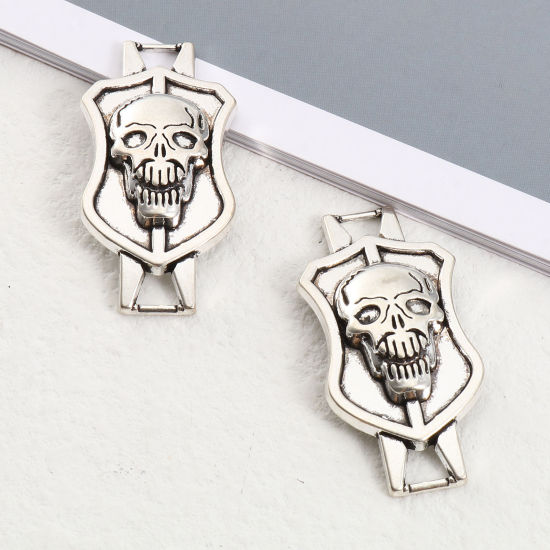 Picture of Zinc Based Alloy Halloween Connectors Shield Antique Silver Color Skull 42mm x 21mm, 20 PCs