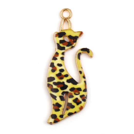 Immagine di Lega di Zinco Ciondoli Gatto KC Placcato Oro Giallo & Marrone Leopardo Smalto 37mm x 13mm , 10 Pz