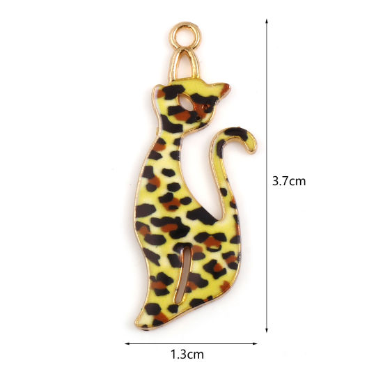 Immagine di Lega di Zinco Ciondoli Gatto KC Placcato Oro Giallo & Marrone Leopardo Smalto 37mm x 13mm , 10 Pz
