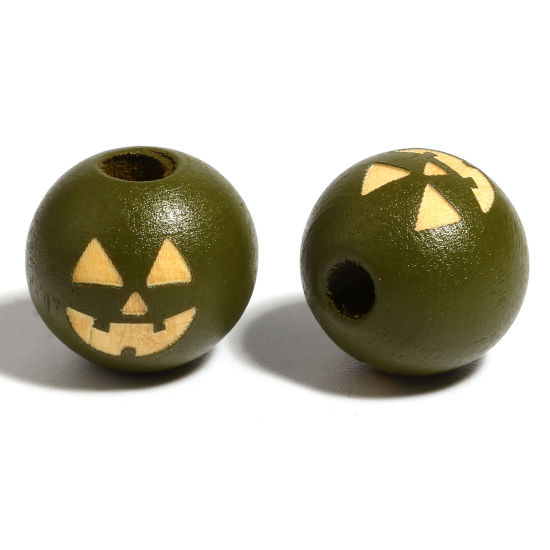Image de Perles en Bois Naturel Rond Vert Armée Halloween Citrouille 16mm Dia, Trou: env. 4.5mm - 3.6mm, 20 Pcs