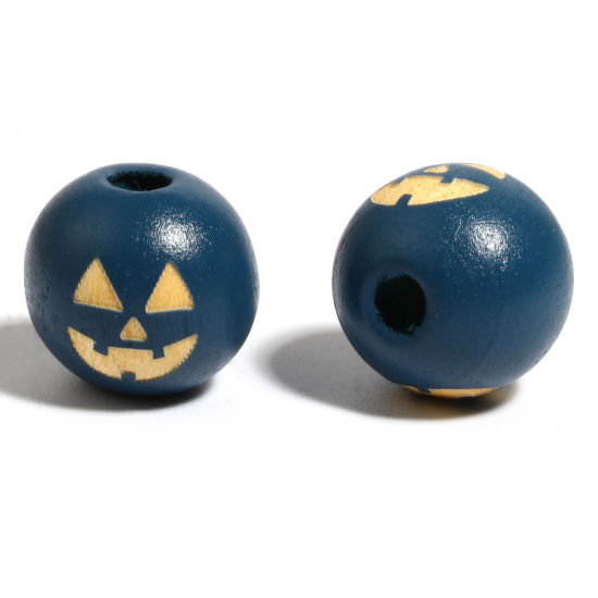 Image de Perles en Bois Naturel Rond Lac Bleu Foncé Halloween Citrouille 16mm Dia, Trou: env. 4.5mm - 3.6mm, 20 Pcs
