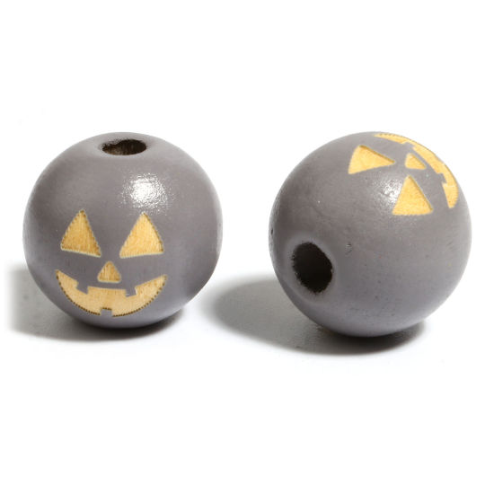 Image de Perles en Bois Naturel Rond Gris Halloween Citrouille 16mm Dia, Trou: env. 4.5mm - 3.6mm, 20 Pcs