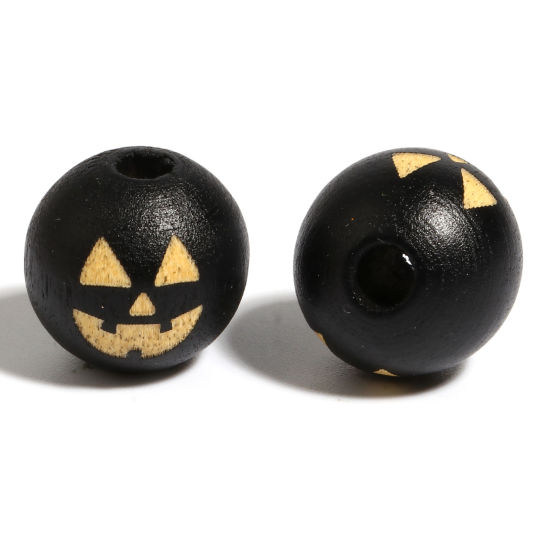 Image de Perles en Bois Naturel Rond Noir Halloween Citrouille 16mm Dia, Trou: env. 4.5mm - 3.6mm, 20 Pcs