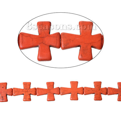 ターコイズ ビーズ クロス オレンジ色 約 37mm x 31mm、 穴：約 1.6mm、 40.4cm 長さ、 1 連 （約 11 PCS /一連） の画像