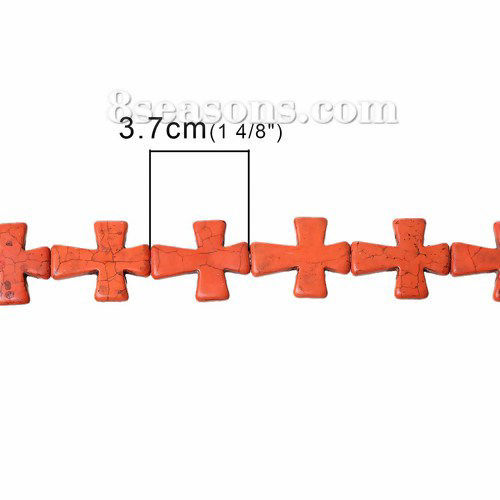 ターコイズ ビーズ クロス オレンジ色 約 37mm x 31mm、 穴：約 1.6mm、 40.4cm 長さ、 1 連 （約 11 PCS /一連） の画像