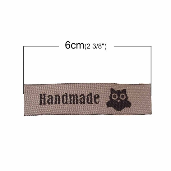 テリレン 織りネームDIY スクラップブッキング クラフト 長方形 ライトコーヒー フクロウパターン " Hand Made" 60mm x 15mm、 50 個 の画像