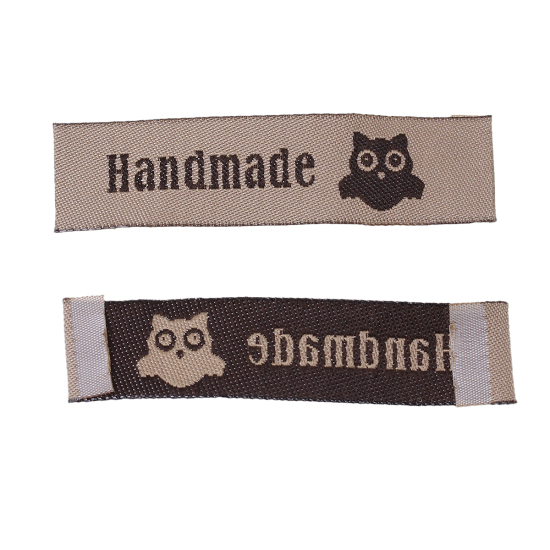 テリレン 織りネームDIY スクラップブッキング クラフト 長方形 ライトコーヒー フクロウパターン " Hand Made" 60mm x 15mm、 50 個 の画像