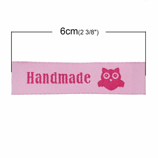 テリレン 織りネームDIY スクラップブッキング クラフト 長方形 ピンク フクロウパターン " Hand Made" 60mm x 15mm、 50 個 の画像