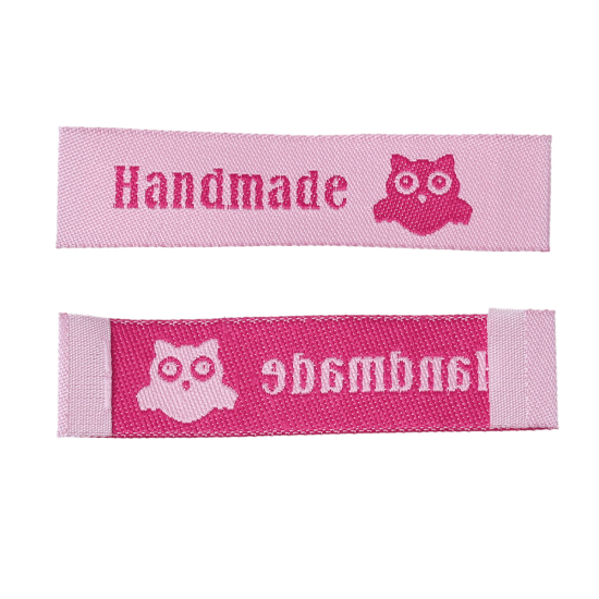 テリレン 織りネームDIY スクラップブッキング クラフト 長方形 ピンク フクロウパターン " Hand Made" 60mm x 15mm、 50 個 の画像