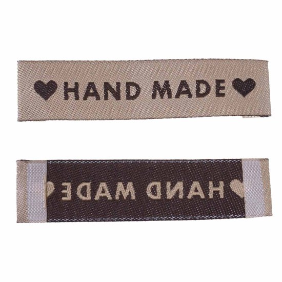 テリレン 織りネームDIY スクラップブッキング クラフト 長方形 ライトコーヒー ハートパターン " Hand Made" 60mm x 15mm、 50 個 の画像