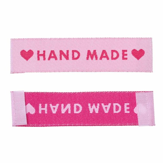 テリレン 織りネームDIY スクラップブッキング クラフト 長方形 ピンク ハートパターン " Hand Made" 60mm x 15mm、 50 個 の画像