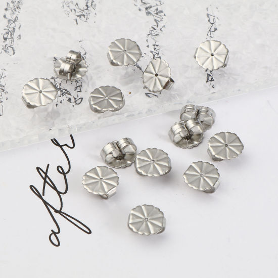 Picture of 304 Stainless Steel Ear Nuts Post Stopper Earring Findings Flower Silver Tone 9.5mm x 9.5mm, 50 PCs