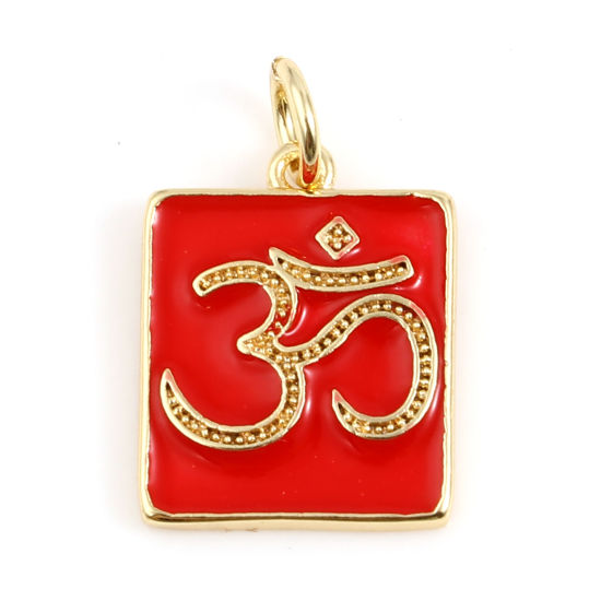 Imagen de Latón Religión Colgantes Charms Rectángulo 18K Oro Real Chapado Rojo Símbolo de OM Esmalte 18mm x 12mm, 2 Unidades