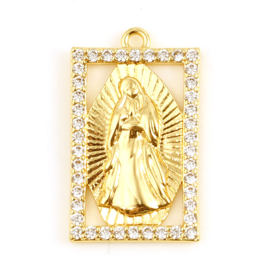 Imagen de Latón Religión Colgantes Charms Rectángulo 18K Oro Real Chapado Jesús Micro Pave Transparente Rhinestone 20mm x 12mm, 1 Unidad