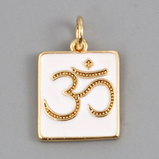 Imagen de Latón Religión Colgantes Charms Rectángulo 18K Oro Real Chapado Blanco Símbolo de OM Esmalte 18mm x 12mm, 2 Unidades