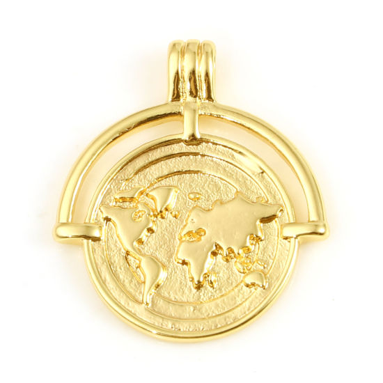 Imagen de Latón Viajar Colgantes Charms Ronda 18K Oro Real Chapado Mapa 26mm x 22mm, 1 Unidad