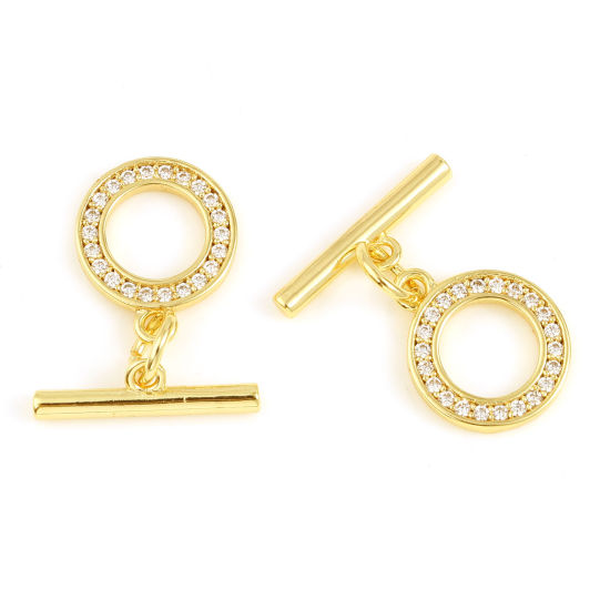Image de Fermoir Toggle en Laiton Plaqué Or Véritable 18K Rond à Strass Transparent 18mm x 14mm, 1 Kit