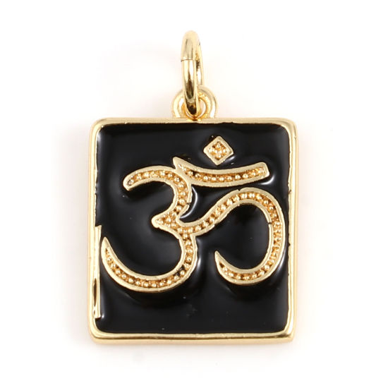 Imagen de Latón Religión Colgantes Charms Rectángulo 18K Oro Real Chapado Negro Símbolo de OM Esmalte 18mm x 12mm, 2 Unidades