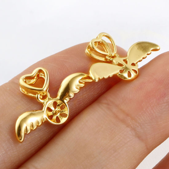 Image de Bélière pour Perle La Saint Valentin en Laiton Plaqué Or Véritable 18K Aile Cœur Épaisseur d'Aiguille 7mm, 19mm x 11mm, 1 Pièce