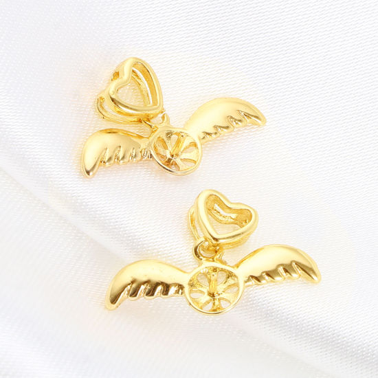 Image de Bélière pour Perle La Saint Valentin en Laiton Plaqué Or Véritable 18K Aile Cœur Épaisseur d'Aiguille 7mm, 19mm x 11mm, 1 Pièce