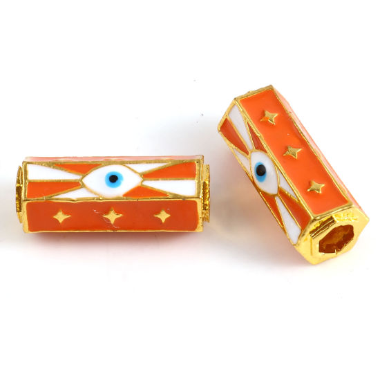 Image de Perles à Gros Trou Religieux en Alliage de Zinc Doré Orange Prisme Hexagonal Œil Mauvais Émail 22mm x 10mm, Trou: Environ 4.2mm, 1 Pièce