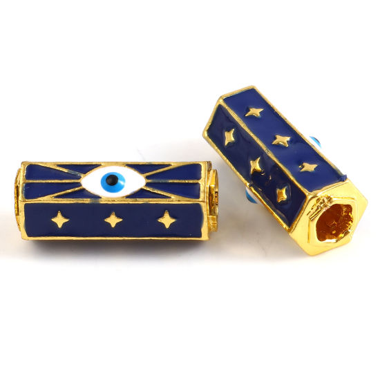 Image de Perles à Gros Trou Religieux en Alliage de Zinc Doré Bleu Foncé Prisme Hexagonal Œil Mauvais Émail 22mm x 10mm, Trou: Environ 4.2mm, 1 Pièce