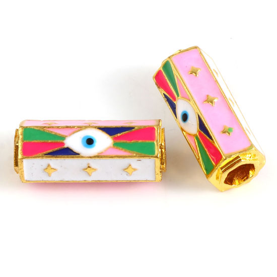 Image de Perles à Gros Trou Religieux en Alliage de Zinc Doré Multicolore Prisme Hexagonal Œil Mauvais Émail 22mm x 10mm, Trou: Environ 4.2mm, 1 Pièce