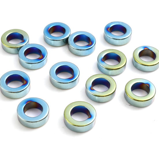 ヘマタイト ビーズ 環状 青 + 緑 約 14mm 直径、 穴: 約 8.4mm、 2 個 の画像