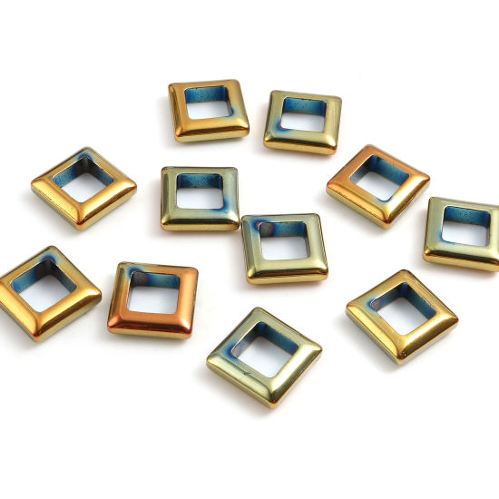 ヘマタイト ビーズ 正方形 青 + ゴールデン 約 14mm x 14mm、 穴: 約 8mm、 2 個 の画像
