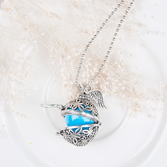 Picture of New Fashion Necklace Ball Chain Antique Silver Color Mexican Angel Caller Bola Wish Box Pendant Wing Butterfly Hollow With Copper Blue Harmony Chime Ball 53.7cm(21 1/8") long, 1 Piece