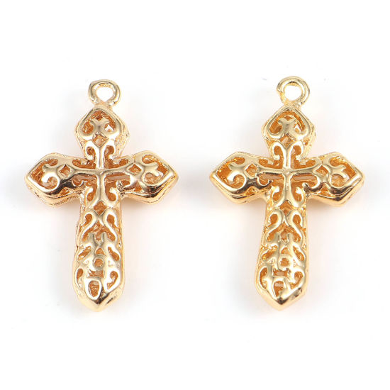 Immagine di Ottone Religione Charms Croce 18K Vero Oro Placcato Filigrana 23mm x 14mm, 2 Pz