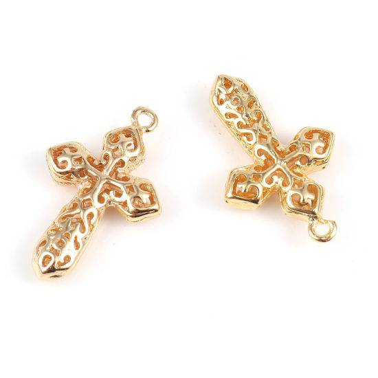 Immagine di Ottone Religione Charms Croce 18K Vero Oro Placcato Filigrana 23mm x 14mm, 2 Pz