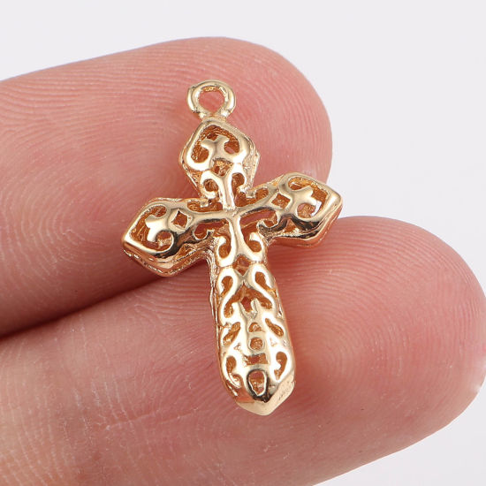 Immagine di Ottone Religione Charms Croce 18K Vero Oro Placcato Filigrana 23mm x 14mm, 2 Pz