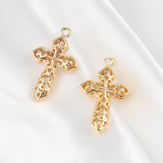 Immagine di Ottone Religione Charms Croce 18K Vero Oro Placcato Filigrana 23mm x 14mm, 2 Pz