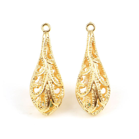 Immagine di Ottone Ciondoli Goccia 18K Vero Oro Placcato Filigrana 34mm x 13mm, 2 Pz