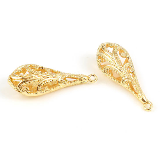 Immagine di Ottone Ciondoli Goccia 18K Vero Oro Placcato Filigrana 34mm x 13mm, 2 Pz
