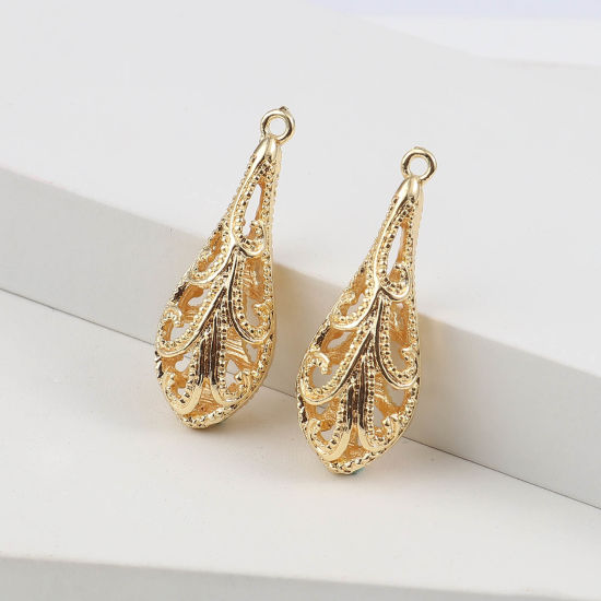 Immagine di Ottone Ciondoli Goccia 18K Vero Oro Placcato Filigrana 34mm x 13mm, 2 Pz