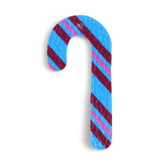 Picture of PU Leather Pendants Dark Blue Christmas Candy Cane 51mm x 24mm, 5 PCs