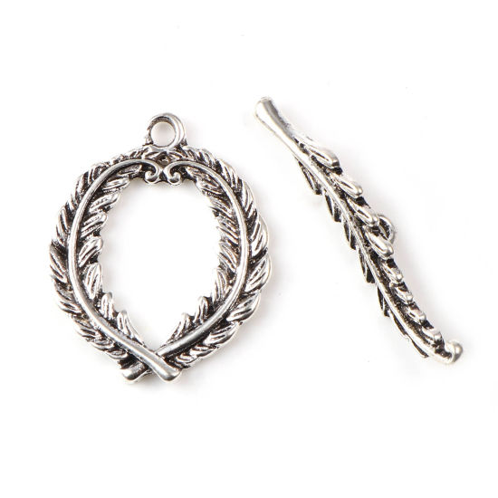Picture of Zinc Based Alloy Toggle Clasps Feather Antique Silver Color Leaf 38mm x 8mm 30mm x 25mm, 10 Sets