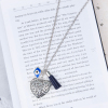 Picture of New Fashion Link Cable Chain Textured Antique Silver Color Heart Evil Eye Pendant Necklace With Terylene Tassel At Random 86cm(33 7/8") long, 1 Piece