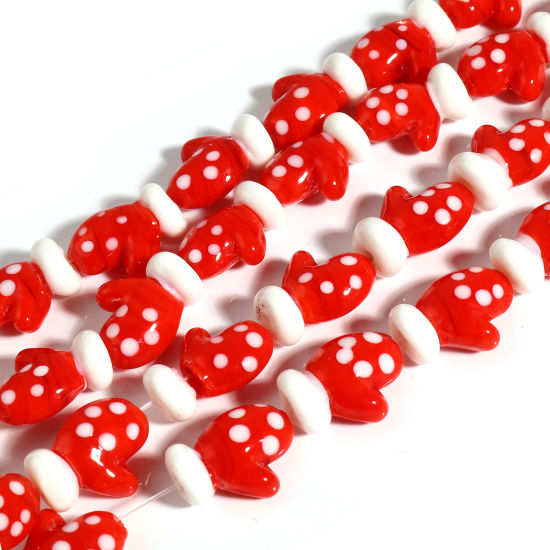 Imagen de Cuentas Vidrio Murano de Guantes de Navidad , Blanco & Rojo 19mm x 14mm, Agujero: acerca  de 1.5mm, 5 Unidades