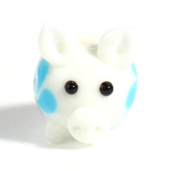 Immagine di Lampwork Vetro Perline Porco Bianco & Blu Circa 17mm x 16mm, Foro: Circa 2.2mm, 1 Pz