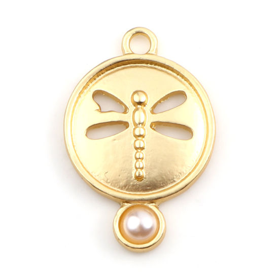 Bild von Zinklegierung & Acryl Insekt Charms Rund Matt Gold Weiß Libelle Imitat Perle 25mm x 17mm, 5 Stück