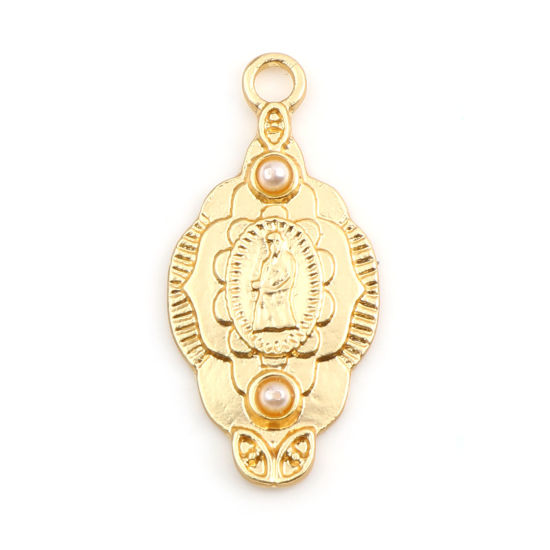 Bild von Zinklegierung & Acryl Religiös Charms Unregelmäßig Matt Gold Weiß Jesus Imitat Perle 26mm x 12.5mm, 5 Stück