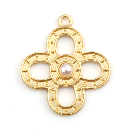 Bild von Zinklegierung & Acryl Charms Blumen Matt Gold Weiß Imitat Perle 29mm x 26mm, 5 Stück