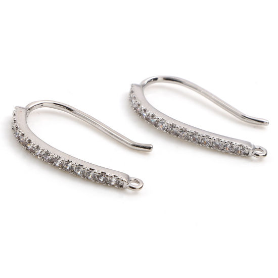 Bild von 2 Stück Messing Micro Pave Ohrhaken-Ohrringe für DIY-Schmuckherstellungszubehör Echt Platin plattiert Transparent Strass Mit Öse 20mm x 13mm, Drahtst?rke: 1mm(18 Gauge)