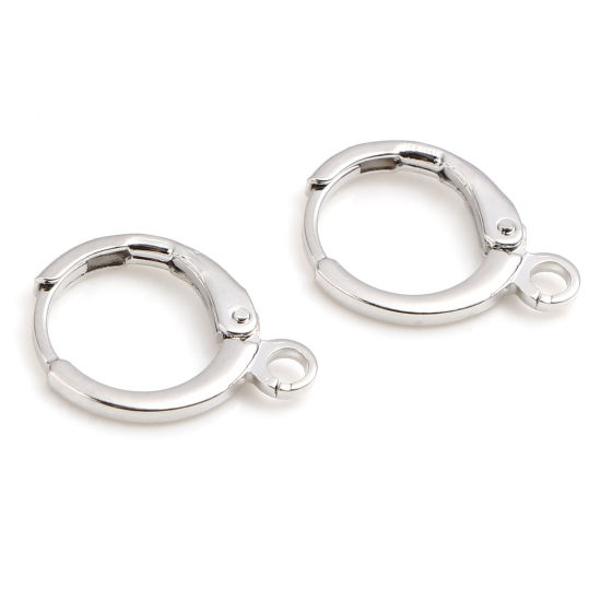 Picture of 6 PCs Brass Hoop Earrings Real Platinum Plated Round With Loop 15mm x 11mm, Post/ Wire Size: 1mm(18 gauge)