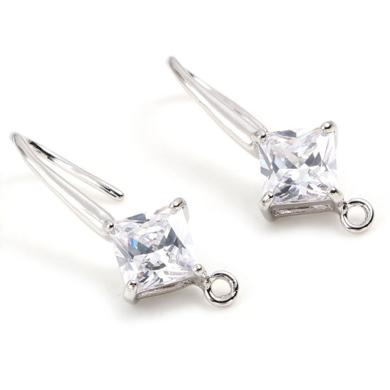 Bild von 2 Stück Messing Ohrhaken-Ohrringe für DIY-Schmuckherstellungszubehör Echt Platin plattiert Rhombus Klar Kubisch Zirkonia Mit Öse 25mm x 9mm, Drahtst?rke: 0.9mm(19 Gauge)
